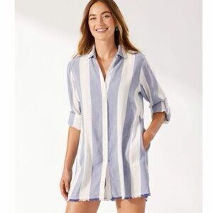 Blue Island Navy and White Linen Beach Cover Up